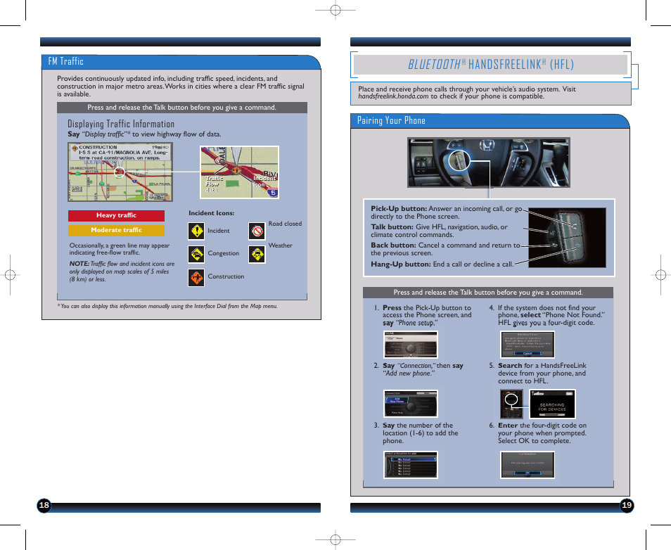 Bluetooth, Handsfreelink, Hfl) | Pairing your phone, Fm traffic, Displaying traffic information | HONDA 2011 Odyssey (EX-L Navi) - Technology Reference Guide User Manual | Page 11 / 16