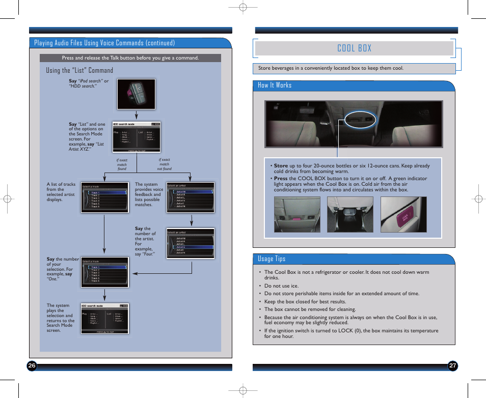 Cool box, Usage tips, Using the “list” command | How it works | HONDA 2011 Odyssey (EX-L Navi) - Technology Reference Guide User Manual | Page 15 / 16