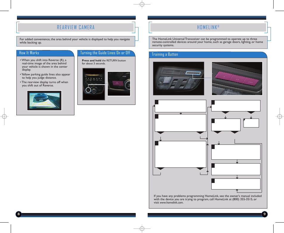 Homelink, Rearview camera, Training a button | How it works, Turning the guide lines on or off | HONDA 2011 Odyssey (EX-L, EX-L RES) - Technology Reference Guide User Manual | Page 6 / 12