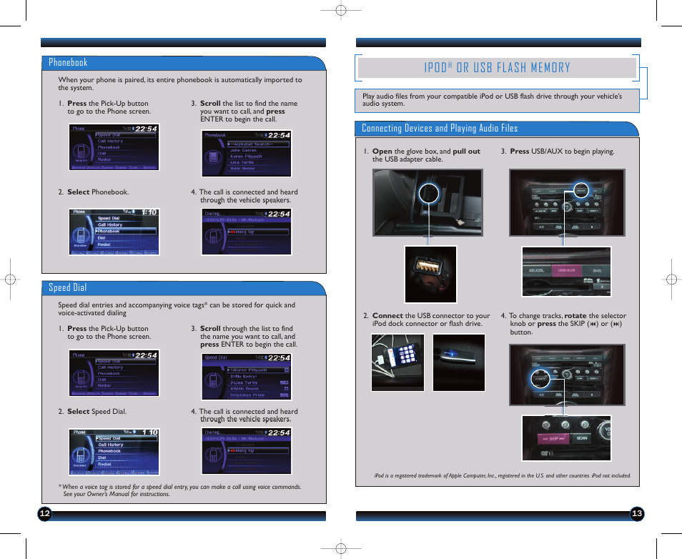 Ipod, Phonebook, Speed dial | Connecting devices and playing audio files | HONDA 2011 Odyssey (EX-L, EX-L RES) - Technology Reference Guide User Manual | Page 8 / 12