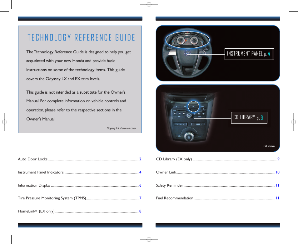 Technology reference guide, Instrument panel p. 4 cd library p. 9 | HONDA 2011 Odyssey (LX, EX) - Technology Reference Guide User Manual | Page 2 / 7