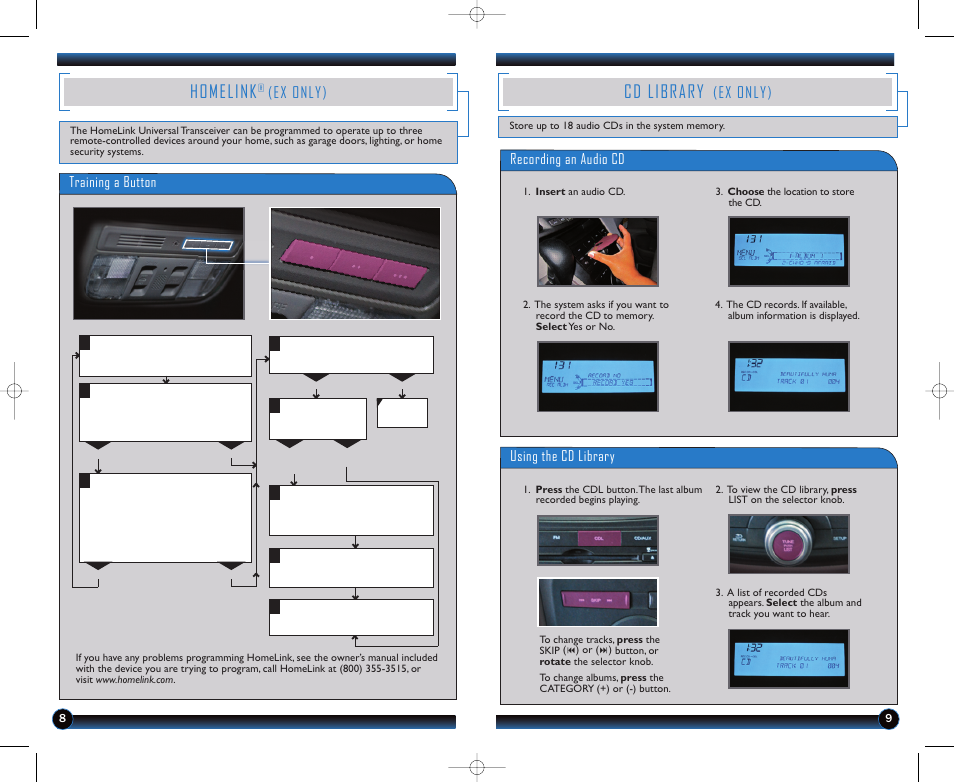 Homelink, Cd library, Ex only) | Training a button, Recording an audio cd, Using the cd library | HONDA 2011 Odyssey (LX, EX) - Technology Reference Guide User Manual | Page 6 / 7