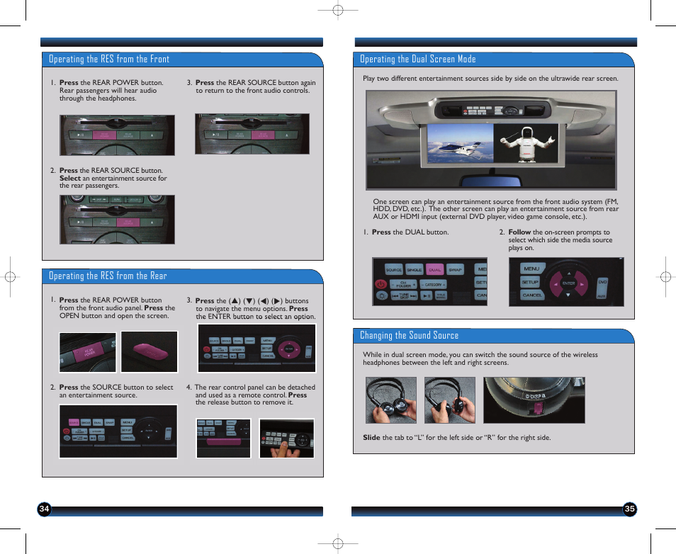 Operating the res from the front, Operating the res from the rear, Operating the dual screen mode | Changing the sound source | HONDA 2011 Odyssey (Touring, Touring Elite ) - Technology Reference Guide User Manual | Page 19 / 21