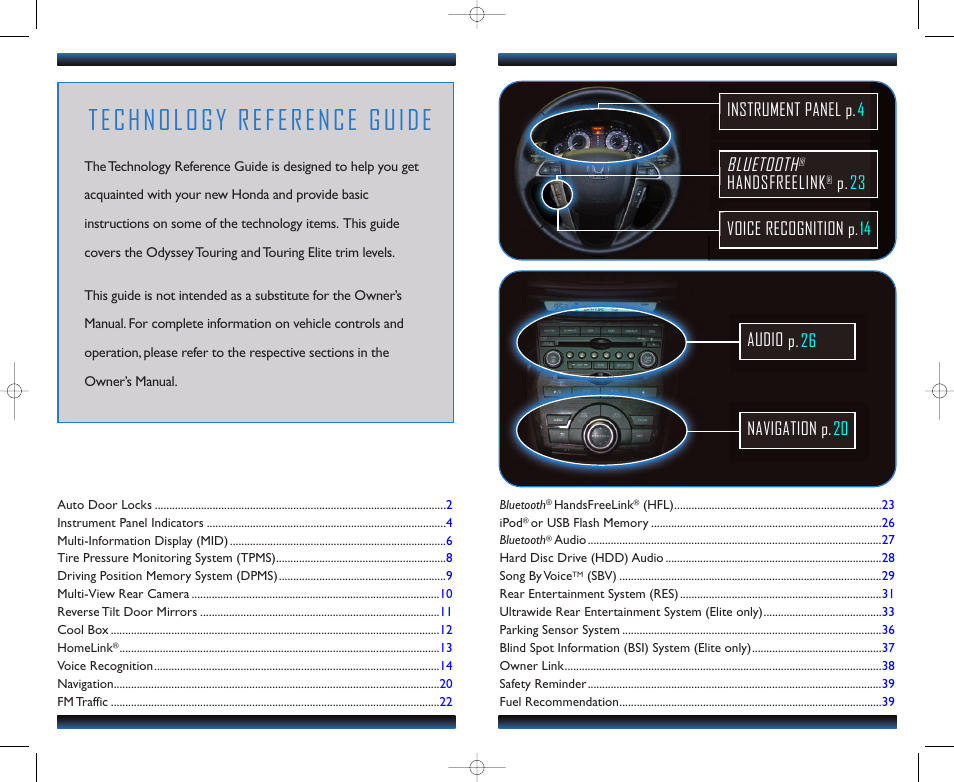 Technology reference guide, Bluetooth, Handsfreelink | HONDA 2011 Odyssey (Touring, Touring Elite ) - Technology Reference Guide User Manual | Page 2 / 21