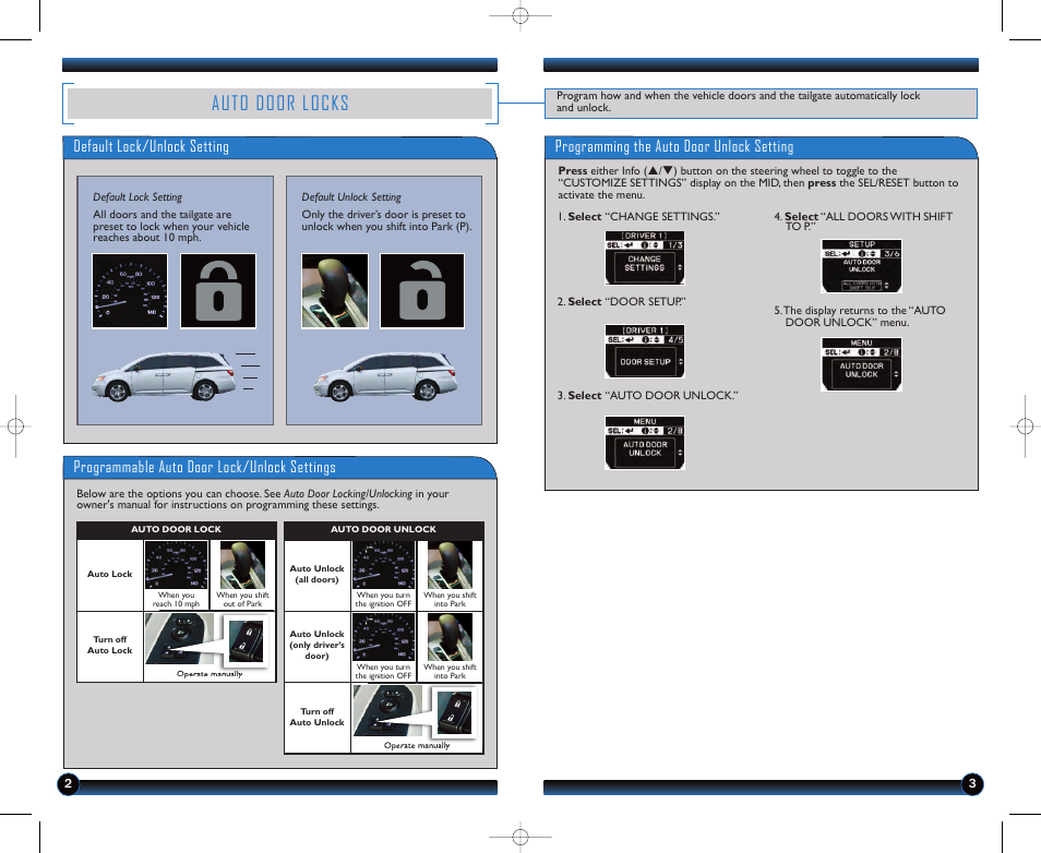 Auto door locks, Default lock/unlock setting | HONDA 2011 Odyssey (Touring, Touring Elite ) - Technology Reference Guide User Manual | Page 3 / 21