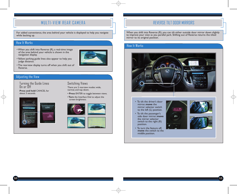 Multi-view rear camera, Reverse tilt door mirrors, Adjusting the view | Turning the guide lines on or off switching views, How it works | HONDA 2011 Odyssey (Touring, Touring Elite ) - Technology Reference Guide User Manual | Page 7 / 21