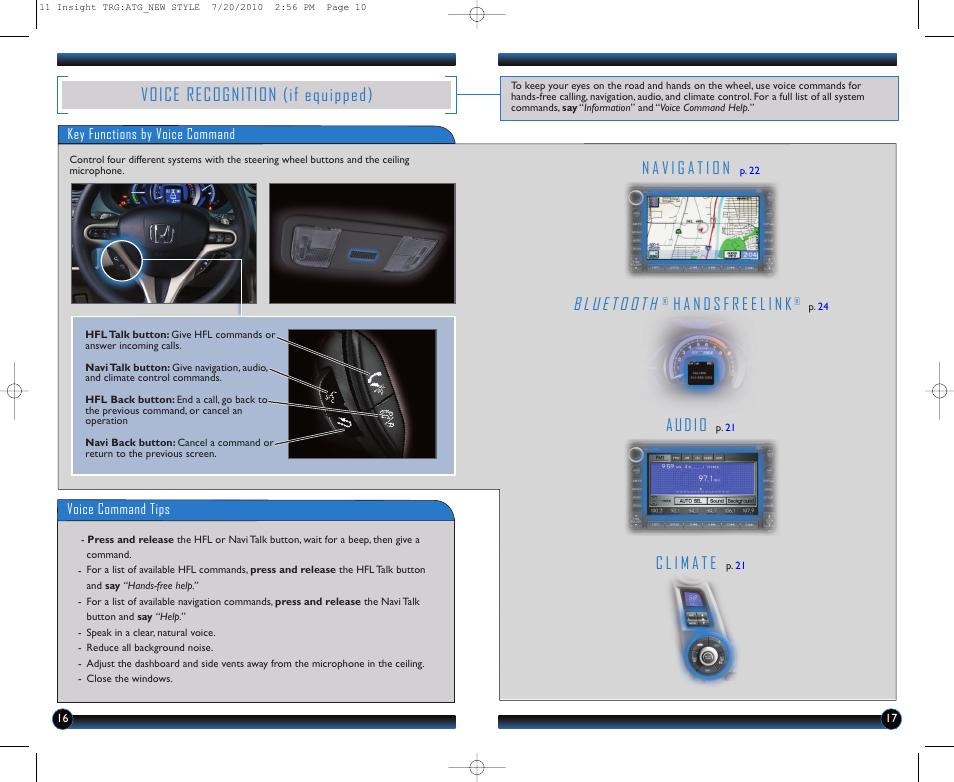 Voice recognition (if equipped), Audio | HONDA 2011 Insight - Technology Reference Guide User Manual | Page 10 / 16