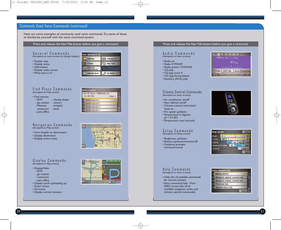Commonly used voice commands (continued), Climate control commands | HONDA 2011 Insight - Technology Reference Guide User Manual | Page 12 / 16
