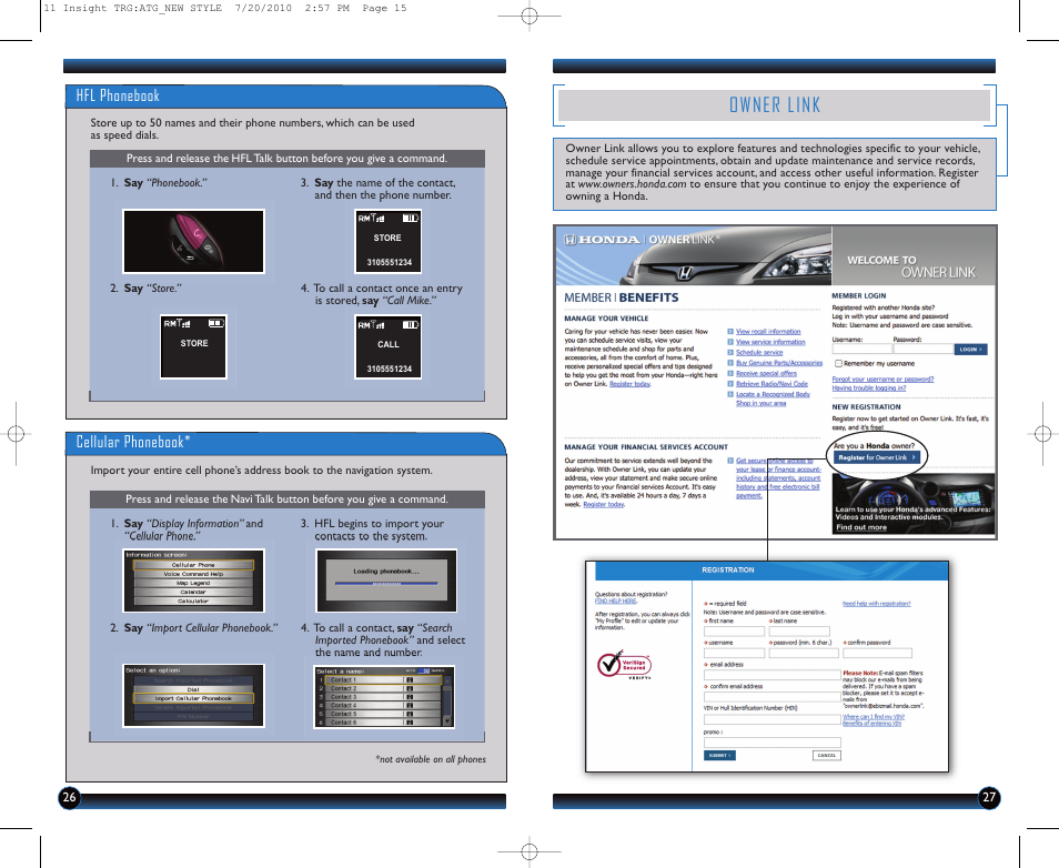 Owner link, Hfl phonebook, Cellular phonebook | HONDA 2011 Insight - Technology Reference Guide User Manual | Page 15 / 16
