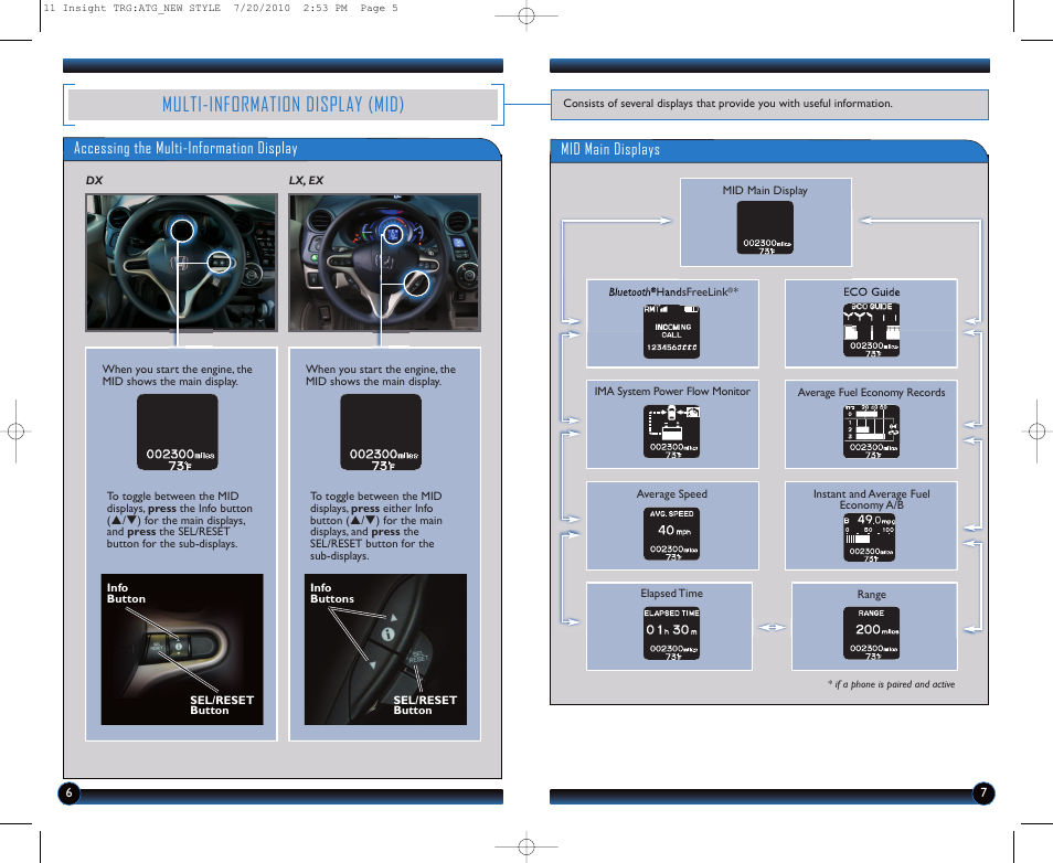 Multi-information display (mid), Accessing the multi-information display, Mid main displays | HONDA 2011 Insight - Technology Reference Guide User Manual | Page 5 / 16