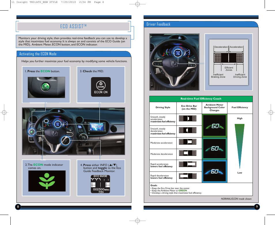 Eco assist, Activating the econ mode, Driver feedback | HONDA 2011 Insight - Technology Reference Guide User Manual | Page 6 / 16
