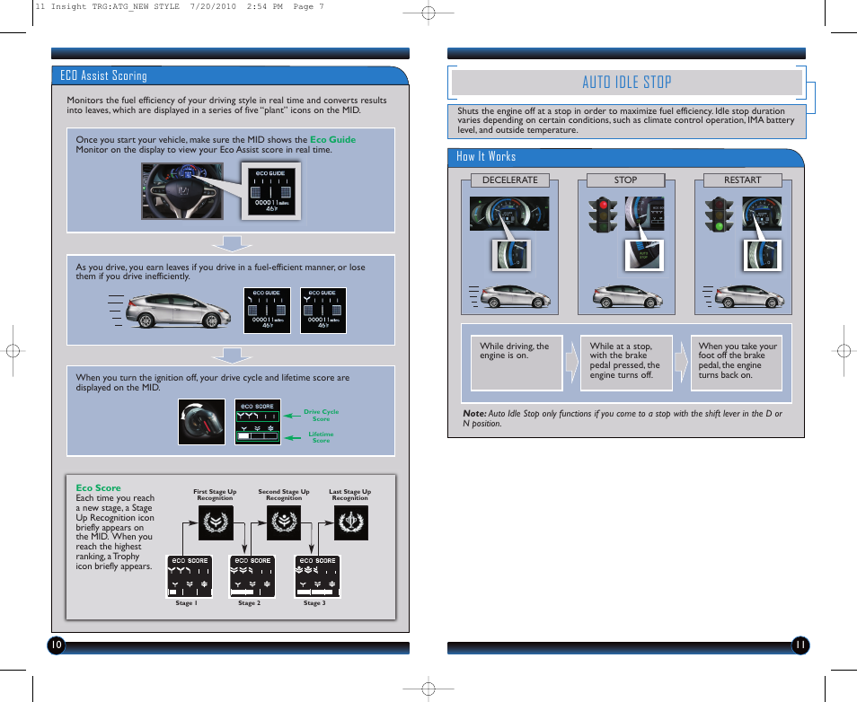 Auto idle stop, Eco assist scoring, How it works | HONDA 2011 Insight - Technology Reference Guide User Manual | Page 7 / 16