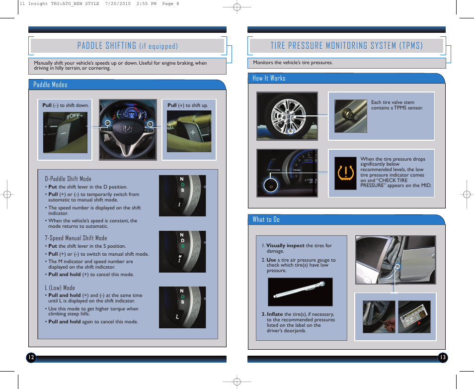 Paddle shifting, Tire pressure monitoring system (tpms), If equipped) | HONDA 2011 Insight - Technology Reference Guide User Manual | Page 8 / 16