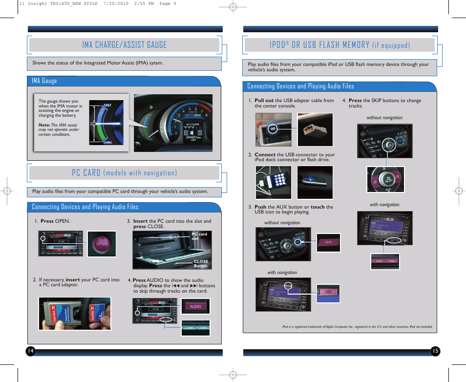 Ima charge/assist gauge, Ipod, Pc card | If equipped), Models with navigation) | HONDA 2011 Insight - Technology Reference Guide User Manual | Page 9 / 16