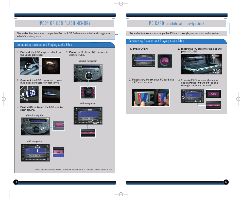 Ipod, Pc card, Models with navigation) | Connecting devices and playing audio files | HONDA 2011 Fit - Technology Reference Guide User Manual | Page 10 / 11