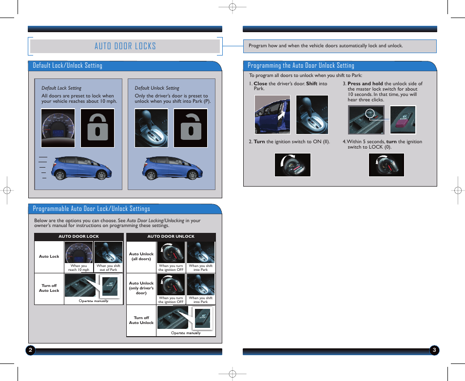 Auto door locks, Default lock/unlock setting, Programmable auto door lock/unlock settings | Programming the auto door unlock setting | HONDA 2011 Fit - Technology Reference Guide User Manual | Page 3 / 11