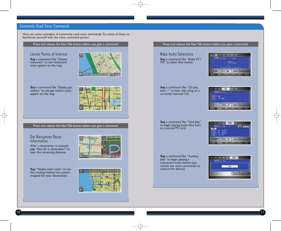 Commonly used voice commands, Locate points of interest, Get navigation route information | Make audio selections | HONDA 2011 Fit - Technology Reference Guide User Manual | Page 7 / 11