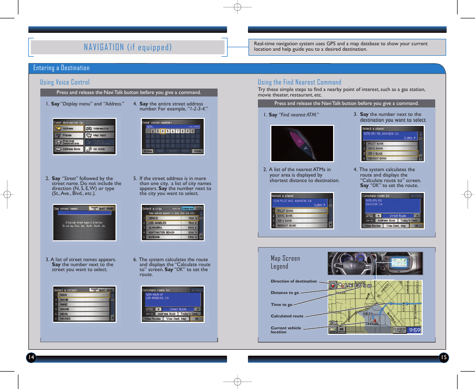 Navigation (if equipped), Entering a destination using voice control, Using the find nearest command | Map screen legend | HONDA 2011 Fit - Technology Reference Guide User Manual | Page 9 / 11