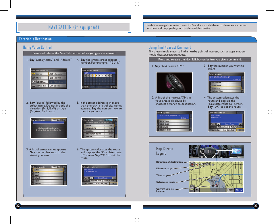 Navigation (if equipped), Entering a destination using voice control, Using find nearest command | Map screen legend | HONDA 2011 CR-Z - Technology Reference Guide User Manual | Page 13 / 16