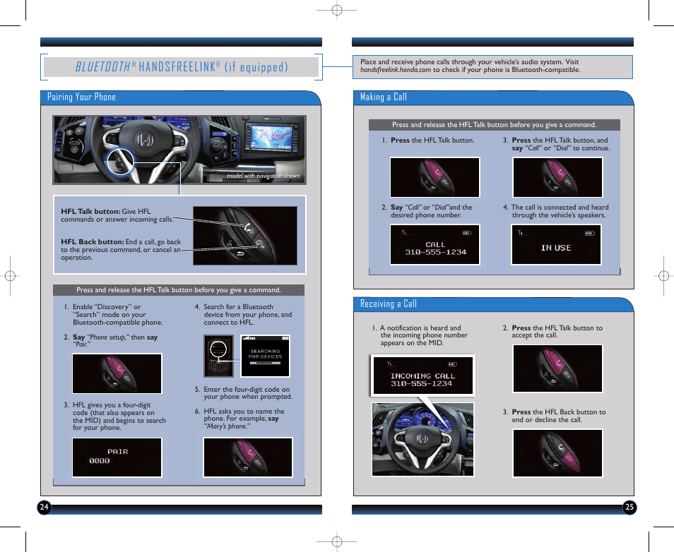 Bluetooth, Handsfreelink, If equipped) | Pairing your phone, Making a call, Receiving a call | HONDA 2011 CR-Z - Technology Reference Guide User Manual | Page 14 / 16