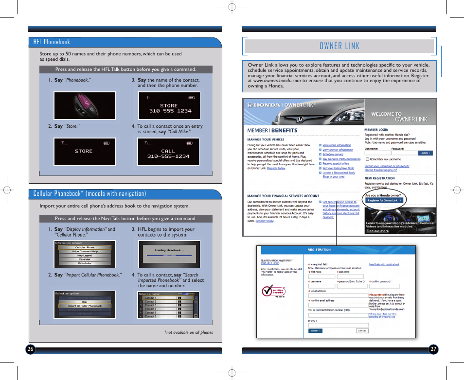 Owner link, Hfl phonebook, Cellular phonebook* (models with navigation) | HONDA 2011 CR-Z - Technology Reference Guide User Manual | Page 15 / 16
