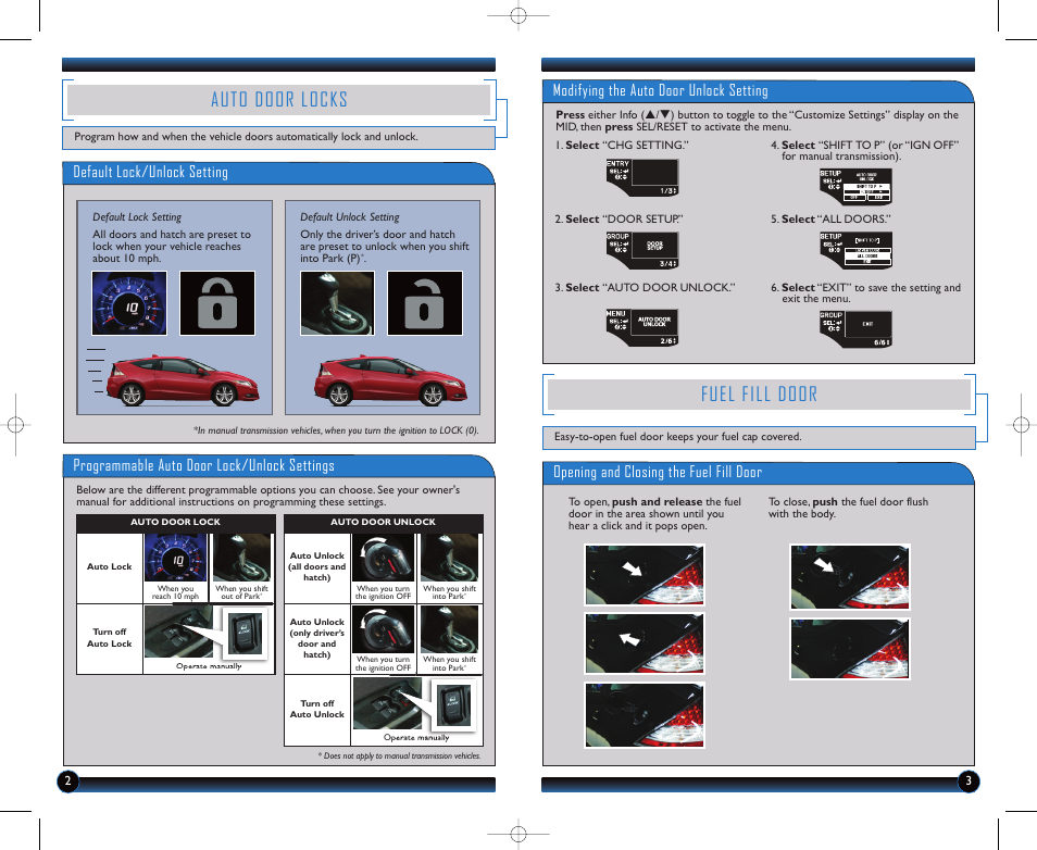 Auto door locks, Fuel fill door, Default lock/unlock setting | Programmable auto door lock/unlock settings, Modifying the auto door unlock setting, Opening and closing the fuel fill door | HONDA 2011 CR-Z - Technology Reference Guide User Manual | Page 3 / 16