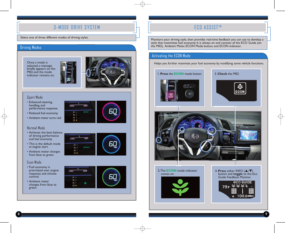 Mode drive system, Eco assist, Activating the econ mode | Driving modes | HONDA 2011 CR-Z - Technology Reference Guide User Manual | Page 6 / 16