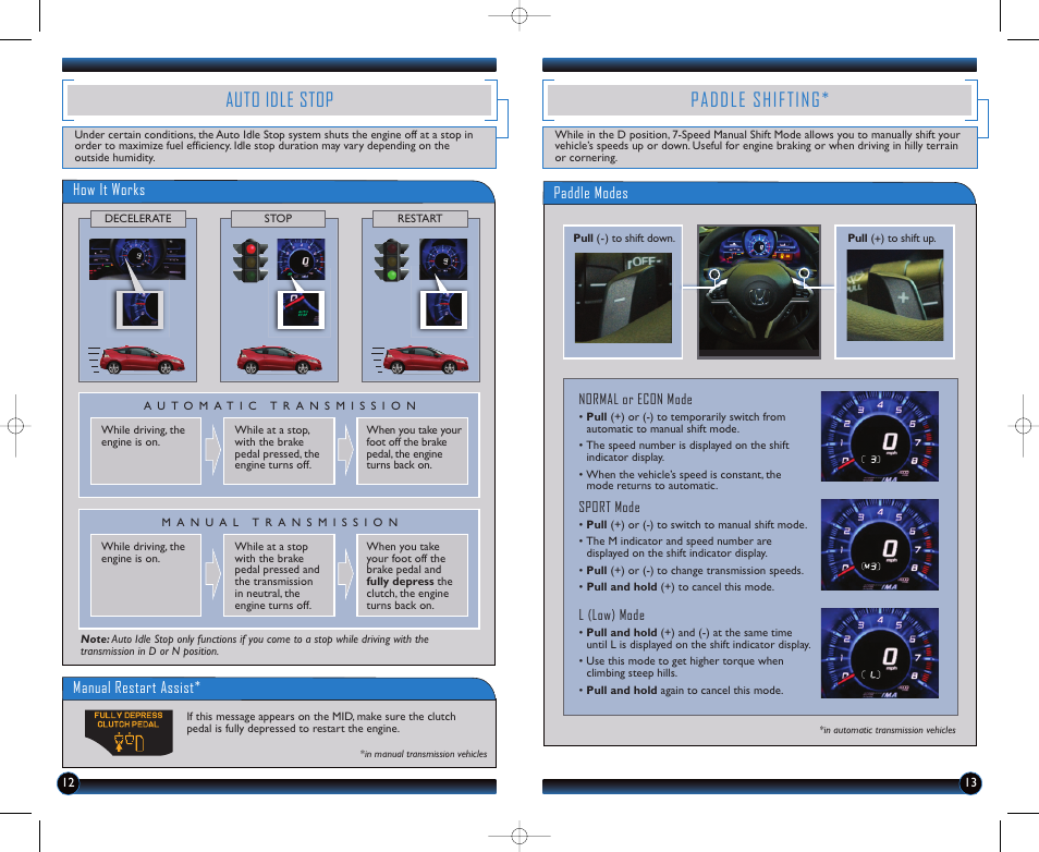 Auto idle stop, Paddle shifting, How it works manual restart assist | Paddle modes | HONDA 2011 CR-Z - Technology Reference Guide User Manual | Page 8 / 16