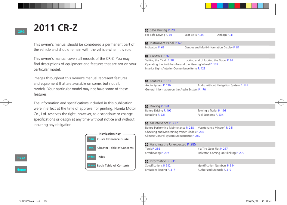 HONDA 2011 CR-Z - Owner's Manual User Manual | 332 pages