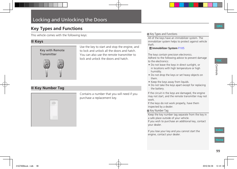 Locking and unlocking the doors, Key types and functions, Keys | Key number tag | HONDA 2011 CR-Z - Owner's Manual User Manual | Page 100 / 332