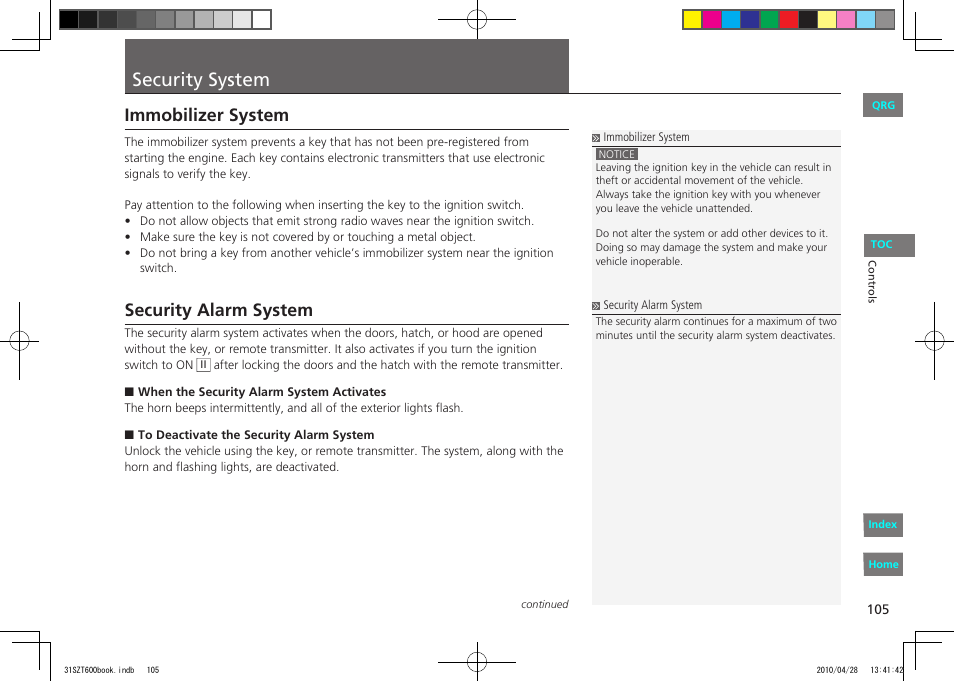 Security alarm system, P.105, Security system | Immobilizer system | HONDA 2011 CR-Z - Owner's Manual User Manual | Page 106 / 332