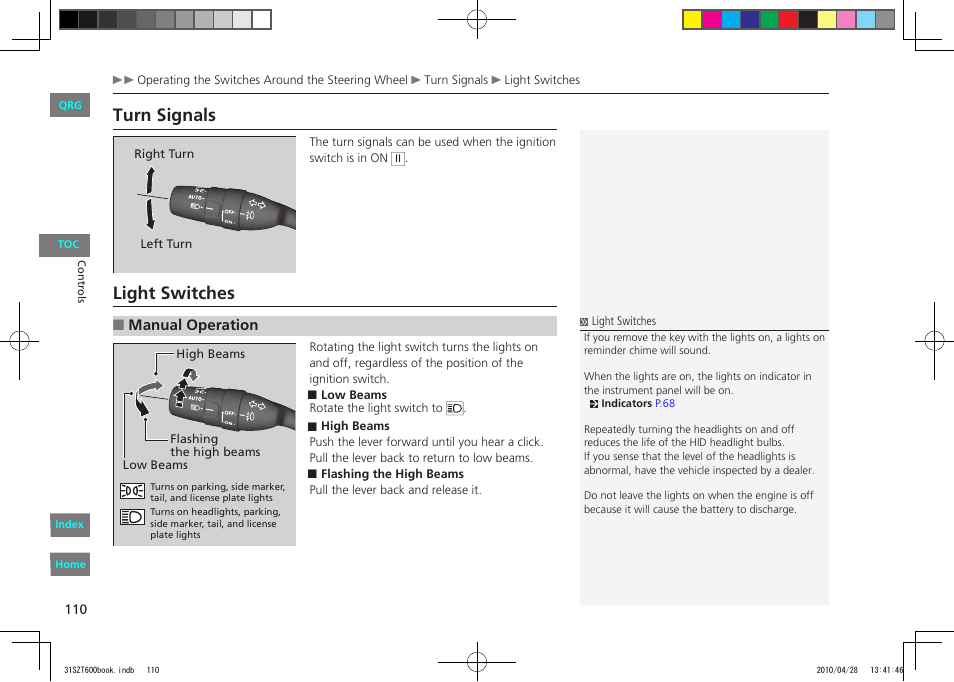 P.110, P.110,262, P.110,258 | P.110,263, Turn signals, Light switches | HONDA 2011 CR-Z - Owner's Manual User Manual | Page 111 / 332