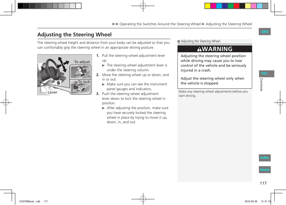 P.117, Warning, Adjusting the steering wheel | HONDA 2011 CR-Z - Owner's Manual User Manual | Page 118 / 332