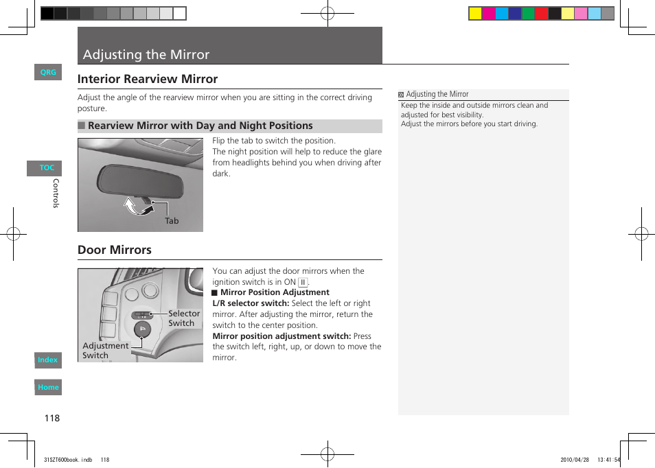 P.118, Adjusting the mirror, Interior rearview mirror | Door mirrors | HONDA 2011 CR-Z - Owner's Manual User Manual | Page 119 / 332