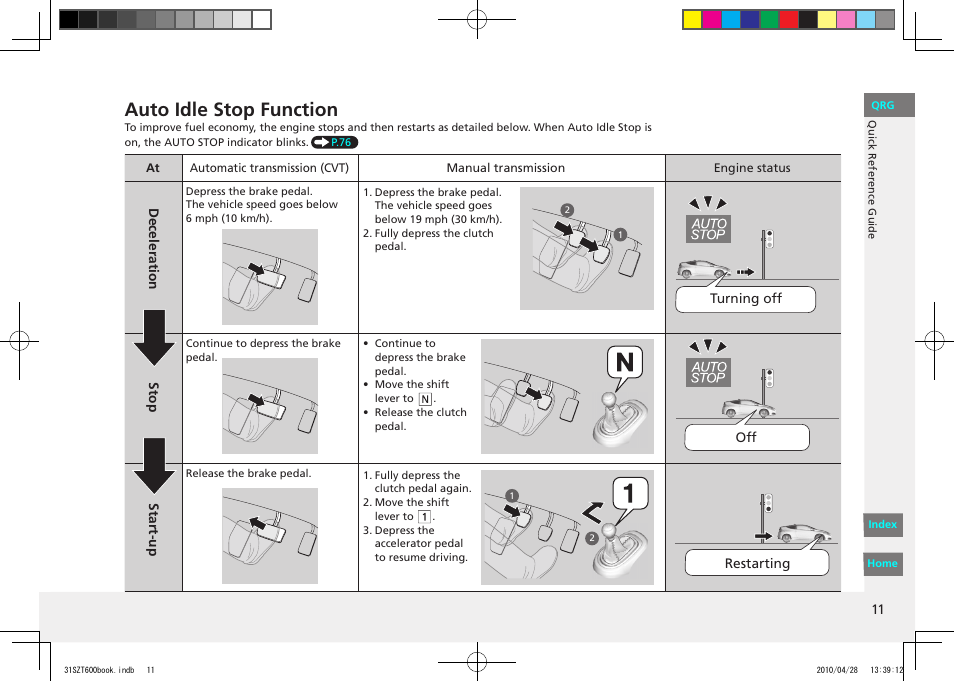 Auto idle stop function | HONDA 2011 CR-Z - Owner's Manual User Manual | Page 12 / 332