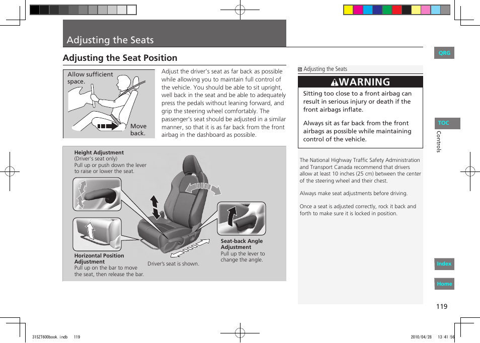P.119, Adjusting the seats, Warning | Adjusting the seat position | HONDA 2011 CR-Z - Owner's Manual User Manual | Page 120 / 332