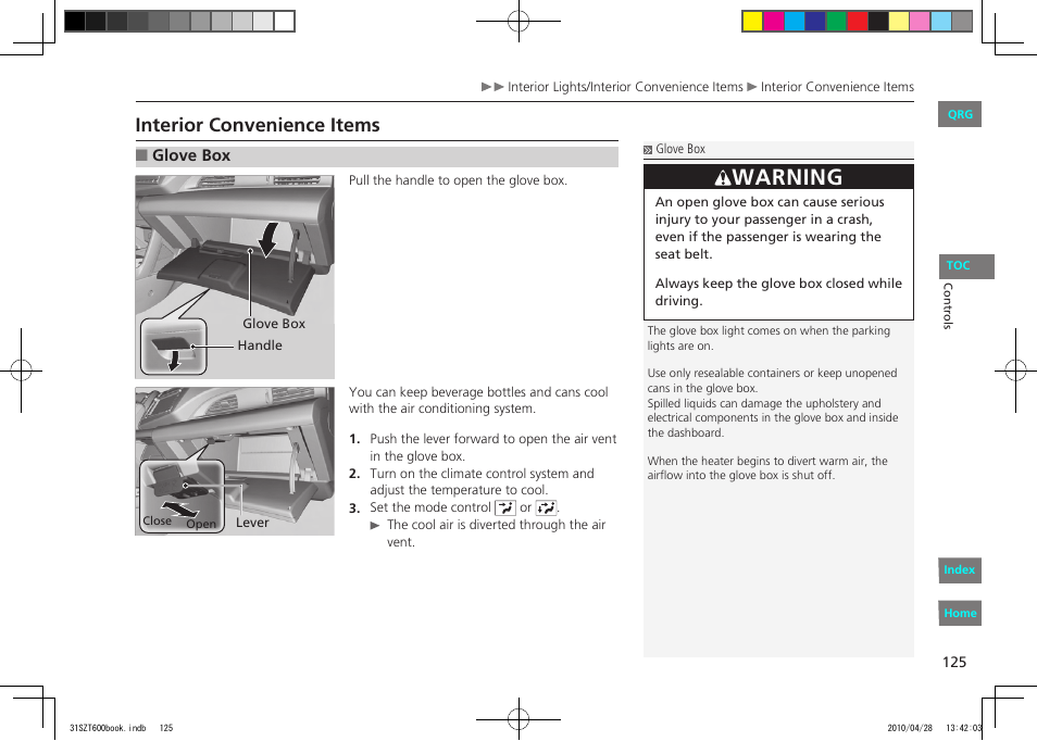 P.125, Warning, Interior convenience items | HONDA 2011 CR-Z - Owner's Manual User Manual | Page 126 / 332
