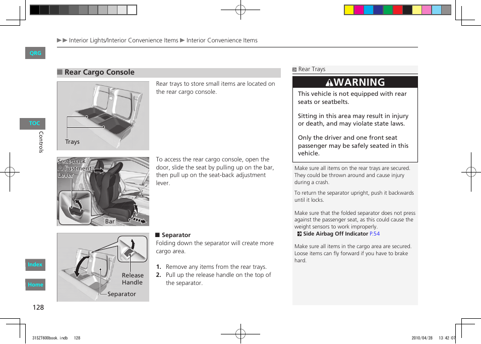 P.128, Warning | HONDA 2011 CR-Z - Owner's Manual User Manual | Page 129 / 332