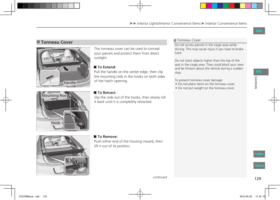 Tonneau cover | HONDA 2011 CR-Z - Owner's Manual User Manual | Page 130 / 332