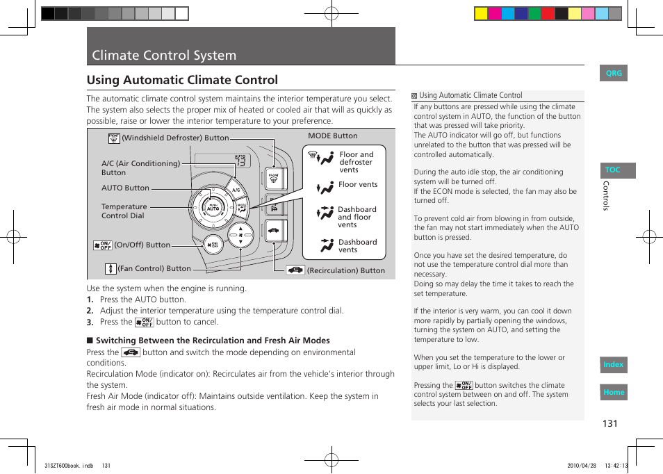 P.131, Climate control system, Using automatic climate control | HONDA 2011 CR-Z - Owner's Manual User Manual | Page 132 / 332