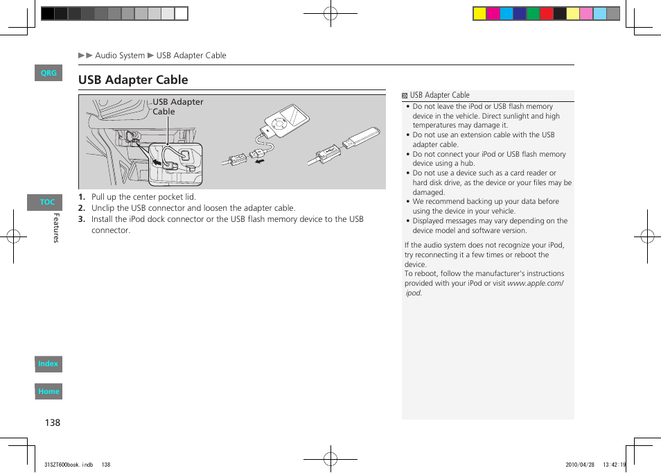 P.138, Usb adapter cable | HONDA 2011 CR-Z - Owner's Manual User Manual | Page 139 / 332