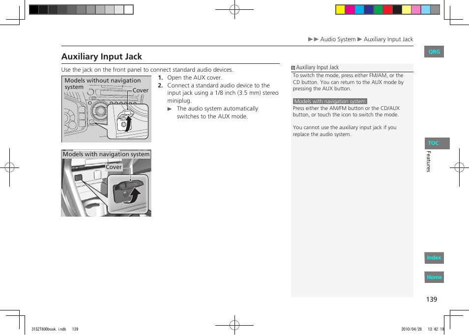 P.139, Auxiliary input jack | HONDA 2011 CR-Z - Owner's Manual User Manual | Page 140 / 332