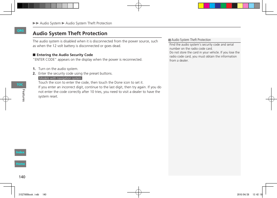 Audio system theft protection | HONDA 2011 CR-Z - Owner's Manual User Manual | Page 141 / 332