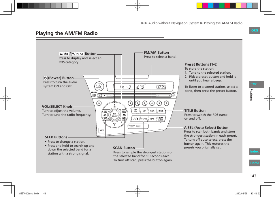 Playing the am/fm radio | HONDA 2011 CR-Z - Owner's Manual User Manual | Page 144 / 332