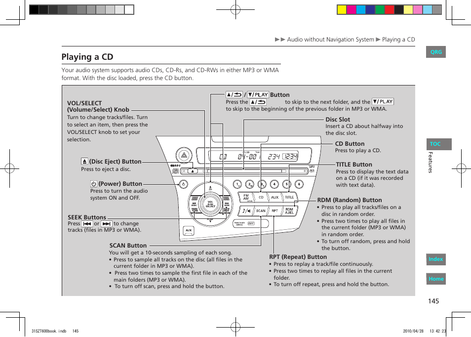 Playing a cd | HONDA 2011 CR-Z - Owner's Manual User Manual | Page 146 / 332