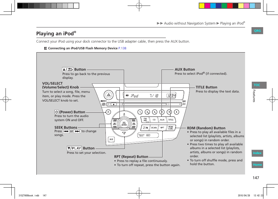 Playing an ipod | HONDA 2011 CR-Z - Owner's Manual User Manual | Page 148 / 332