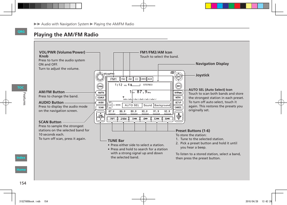 Playing the am/fm radio | HONDA 2011 CR-Z - Owner's Manual User Manual | Page 155 / 332