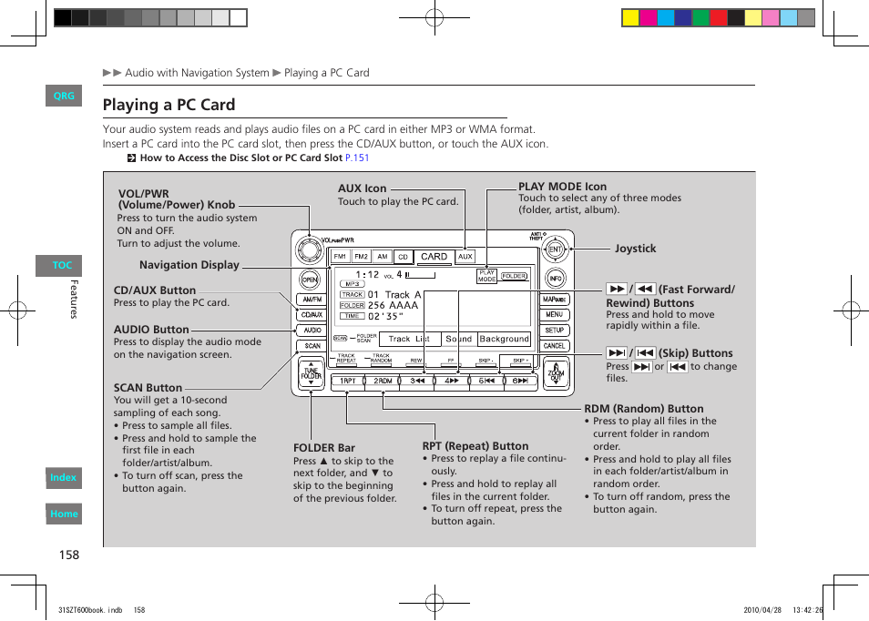 Playing a pc card | HONDA 2011 CR-Z - Owner's Manual User Manual | Page 159 / 332