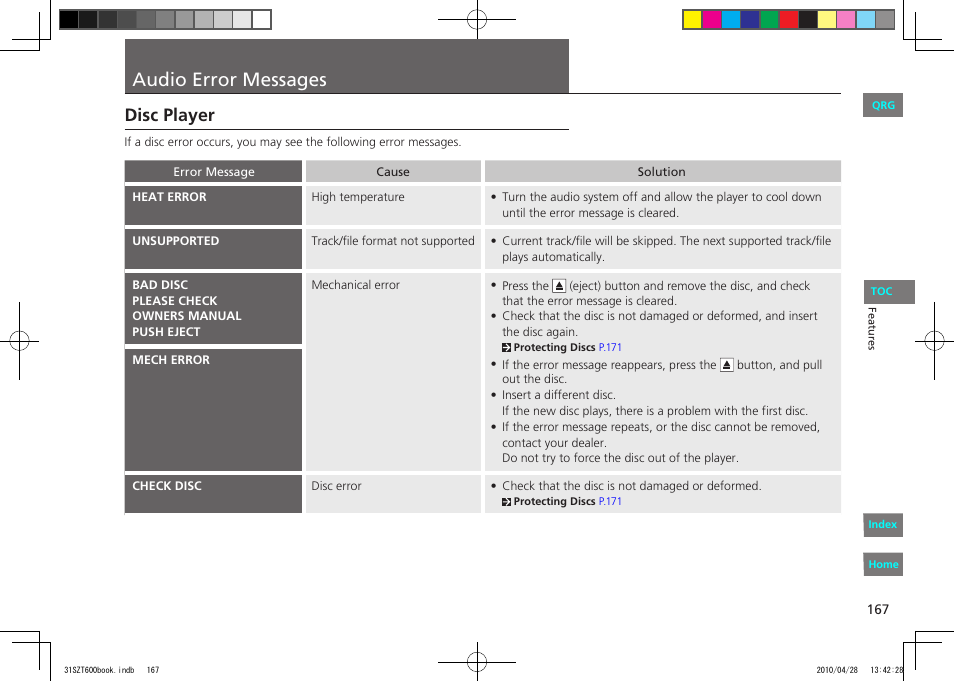 Audio error messages, Disc player | HONDA 2011 CR-Z - Owner's Manual User Manual | Page 168 / 332