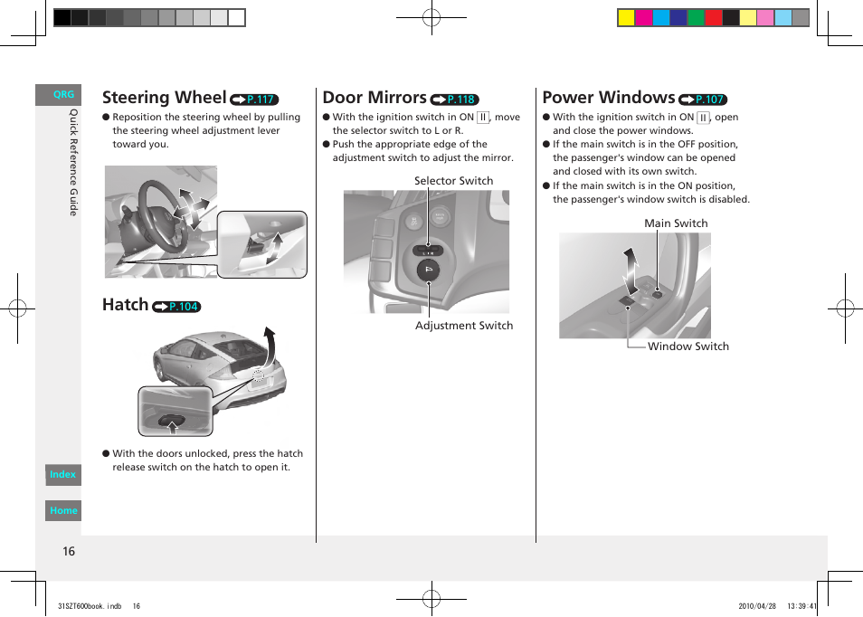 Steering wheel, Hatch, Door mirrors | Power windows | HONDA 2011 CR-Z - Owner's Manual User Manual | Page 17 / 332